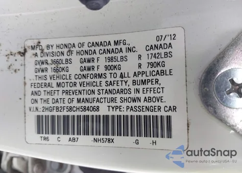 2012 Honda Civic Lx from USA, damaged, VIN 2HGFB2F58CH584068